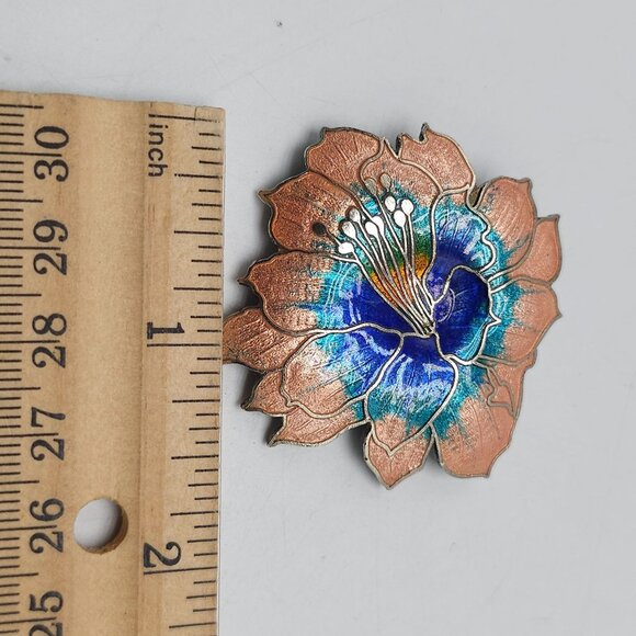Vintage Hibiscus Flower Cloisonne Cloisonné Enamel Peach Blue Green Brooch Pin - Picture 4 of 4